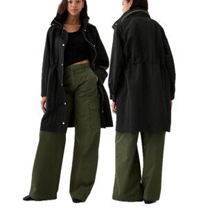GAP Oversized Nylon Parka Mock-Neck Zipped Hidden Hoodie Long Jacket (Black)